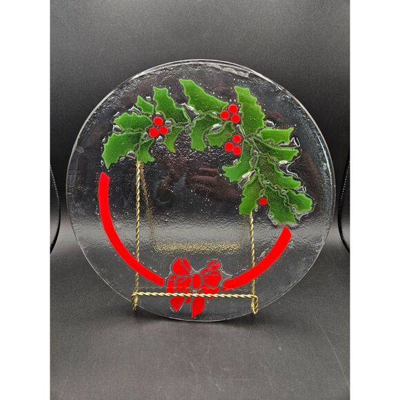 Peggy Karr Fused Glass Holiday Plate Holly & Berries with Bow Signed - Picture 1 of 4